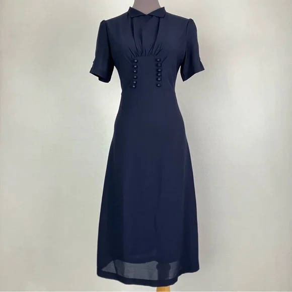Lindy Bop 1940s Navy Blue Amelia Vintage Collared A-line Midi Dress UK 10 Small - Picture 2 of 15